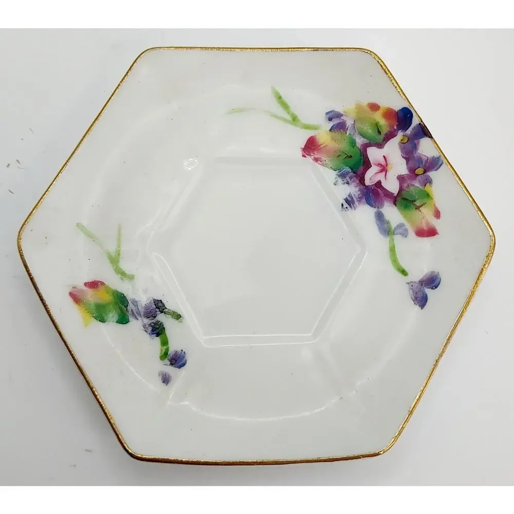 Japanese Miniature Demitasse Teacup And Saucer Floral Gold Tone Trim Hexagonal